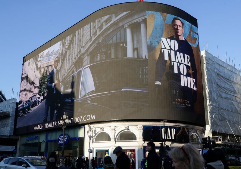 &copy; Reuters. Trailer for a James Bond film &quot;No Time to Die&quot; is displayed in London