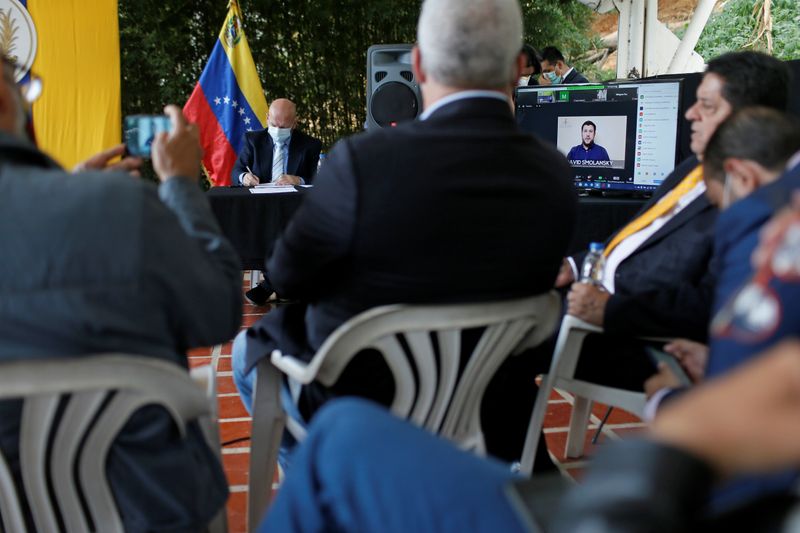 &copy; Reuters. David Smolansky, an exiled opposition leader who coordinates the Organization of American States&apos; response to the country&apos;s migration crisis is seen at a screen during a session of Venezuela&apos;s National Assembly at a public park in Caracas