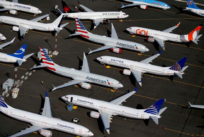 &copy; Reuters. FILE PHOTO: Grounded Boeing 737 MAX aircraft are seen parked at Boeing Field in Seattle