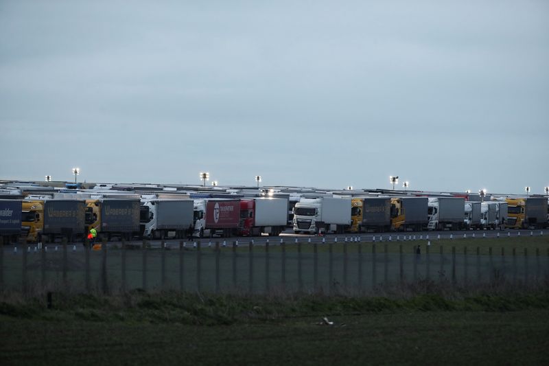 &copy; Reuters. Lorries are parked at Manston International Airport