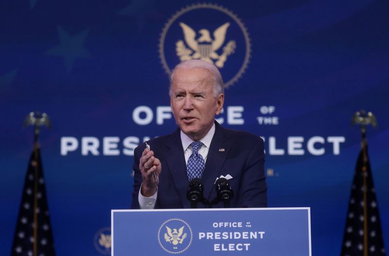 © Reuters. U.S. President-elect Joe Biden addresses the recent massive cyber attack against the U.S., in Wilmington