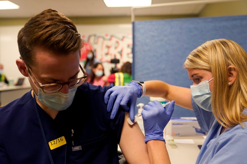 &copy; Reuters. FILE PHOTO: The Pfizer-BioNTech coronavirus disease (COVID-19) vaccines are administered to healthcare professionals, in Indianapolis