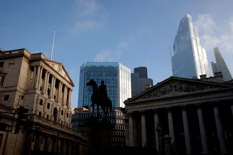 &copy; Reuters. FILE PHOTO: A general view shows The Bank of England and the City of London financial district, amid the outbreak of the coronavirus disease (COVID-19), in London,