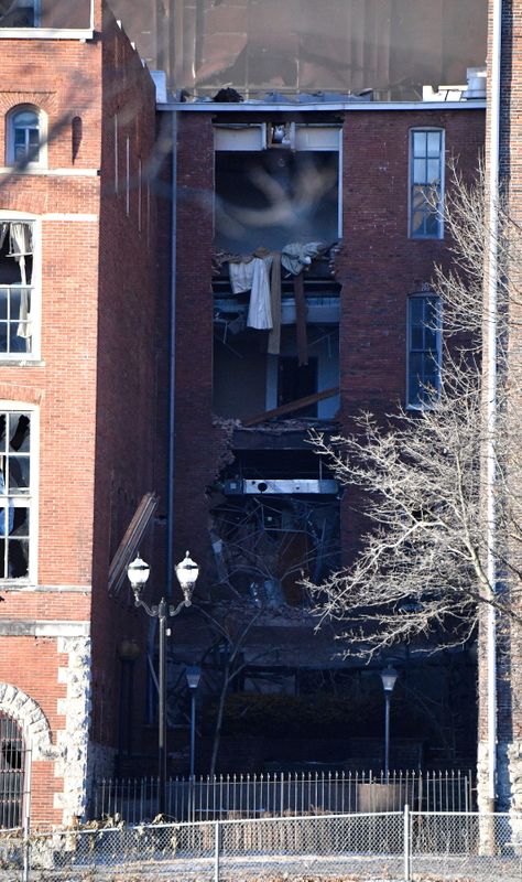 &copy; Reuters. A damaged building is seen near the site of an explosion in the area of Second and Commerce in Nashville