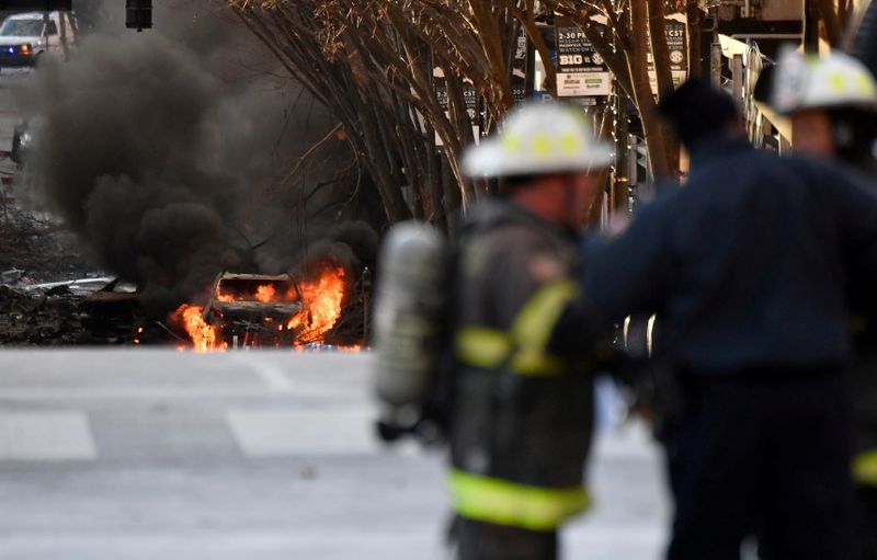 &copy; Reuters. A vehicle burns near the site of an explosion in the area of Second and Commerce in Nashville
