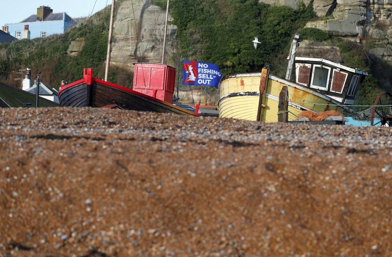 &copy; Reuters. FILE PHOTO: A flag with a slogan supporting the UK fishing industry is seen on the beach in Hastings