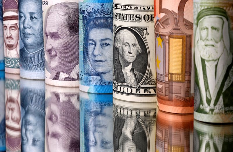 &copy; Reuters. Banconote in riyal saudita, yuan, lira turca, sterlina, dollaro, euro e dinaro giordano