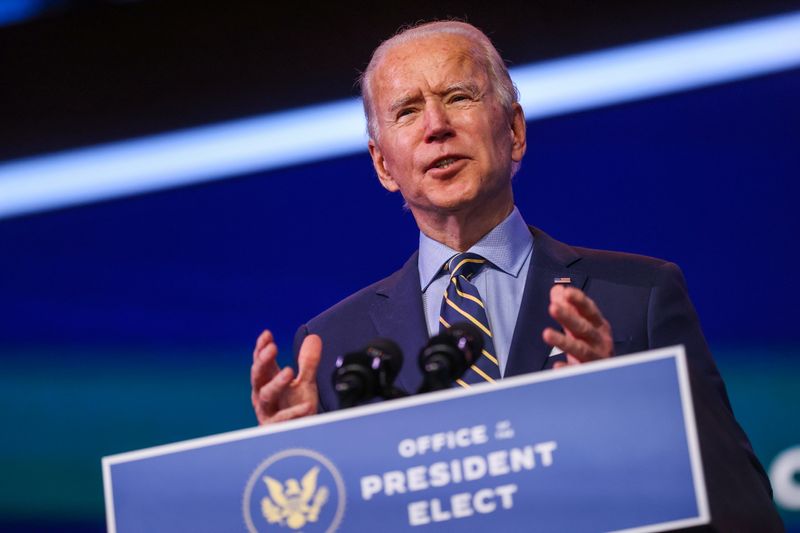 &copy; Reuters. U.S. President-elect Joe Biden delivers a speech after a conference video call in Wilmington