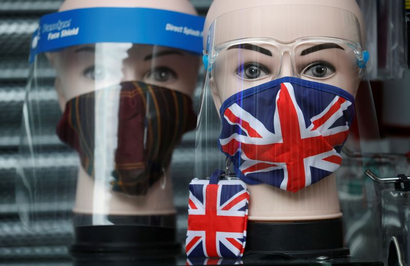 &copy; Reuters. A Union Jack design face mask is seen for sale in the window of a shop amid the outbreak of the coronavirus disease (COVID-19) in Manchester