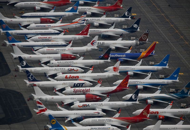 &copy; Reuters. Dozens of grounded Boeing 737 MAX aircraft are seen parked at Grant County International Airport in Moses Lake