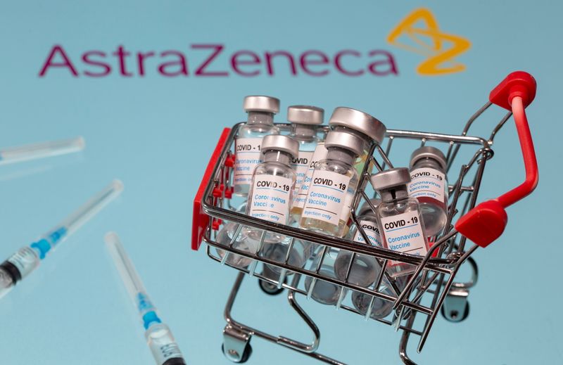 &copy; Reuters. A small shopping basket filled with vials labeled &quot;COVID-19 - Coronavirus Vaccine&quot; and medical sryinges are placed on a AstraZeneca logo