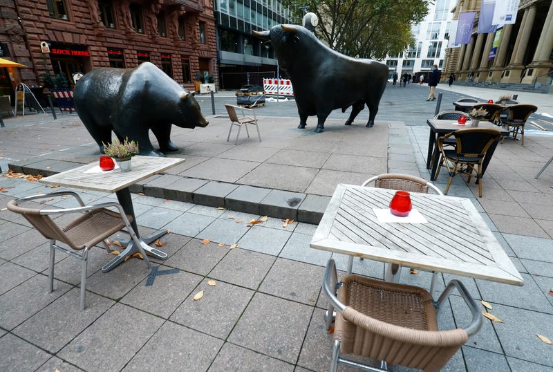 &copy; Reuters. Empty tables are pictured in front of the bull and bear statues outside Frankfurt&apos;s stock exchange as the coronavirus disease (COVID-19) outbreak continues in Frankfurt