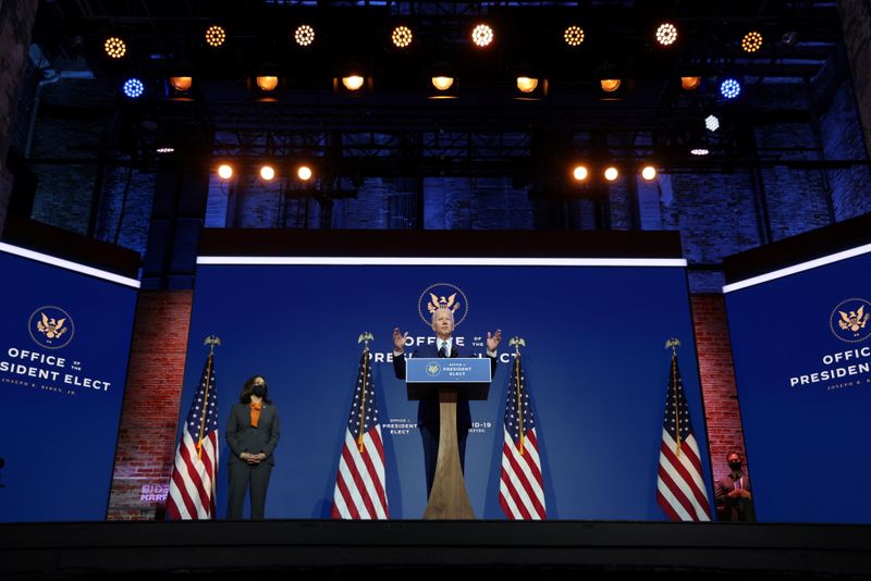 &copy; Reuters. FILE PHOTO: U.S. President-elect Biden speaks after meeting with transition coronavirus advisory board in Wilmington, Delaware