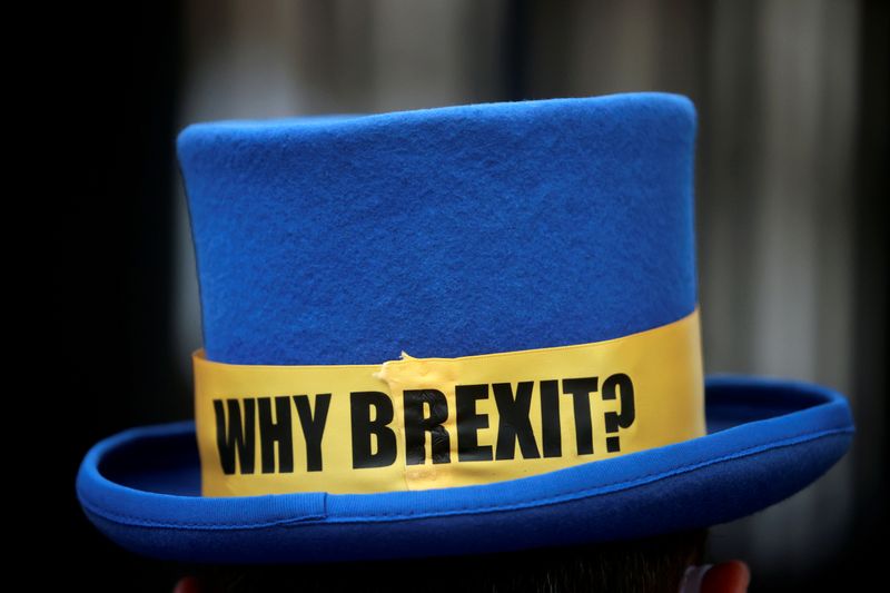 © Reuters. FILE PHOTO: The hat of anti-Brexit protester Steve Bray is pictured outside the gates of Downing Street in London