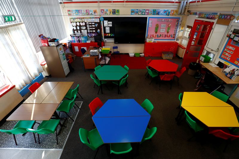 &copy; Reuters. General view of a empty classroom at Nettlefield Primary School as the majority of schools in the UK close while the spread of the coronavirus disease (COVID-19) continues