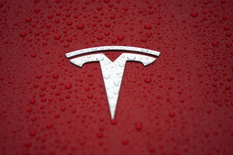 &copy; Reuters. FILE PHOTO: A Tesla logo is seen at a groundbreaking ceremony of Tesla Shanghai Gigafactory in Shanghai