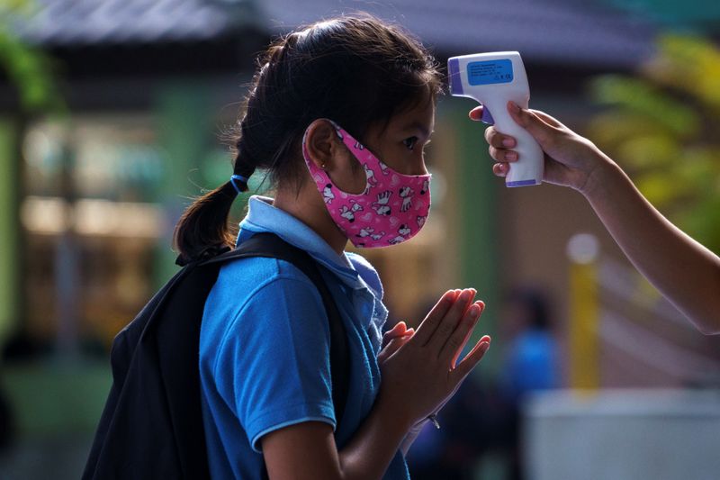 &copy; Reuters. A student wearing a face mask has her body temperature checked due to the spread of the coronavirus disease (COVID-19) before entering a school in Bangkok