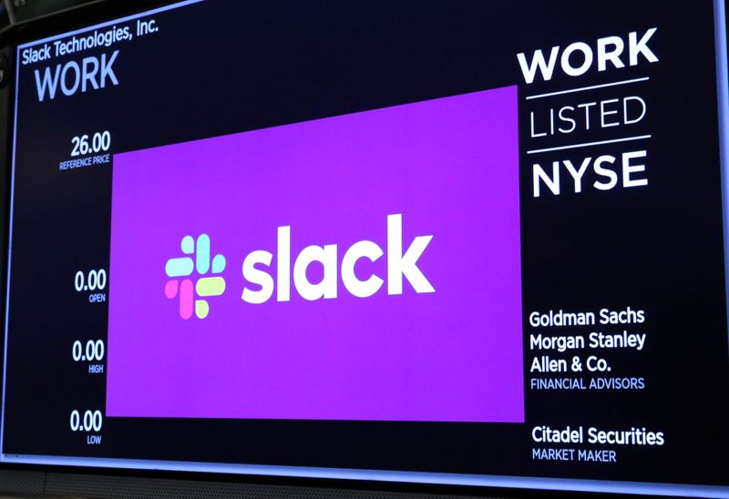 © Reuters. The Slack Technologies Inc. logo is seen on a display at New York Stock Exchange (NYSE) during the company's IPO in New York