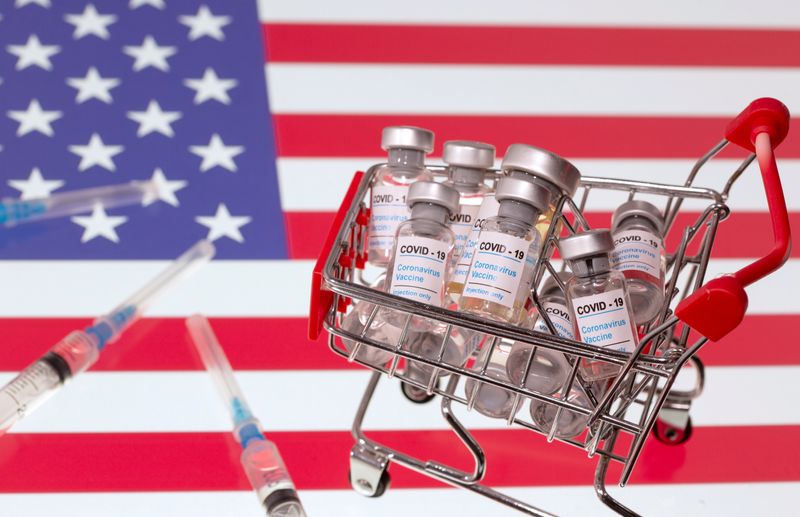 &copy; Reuters. FILE PHOTO: A small shopping basket filled with vials labeled  &quot;COVID-19 - Coronavirus Vaccine&quot; and medical syringes are placed on a U.S. flag