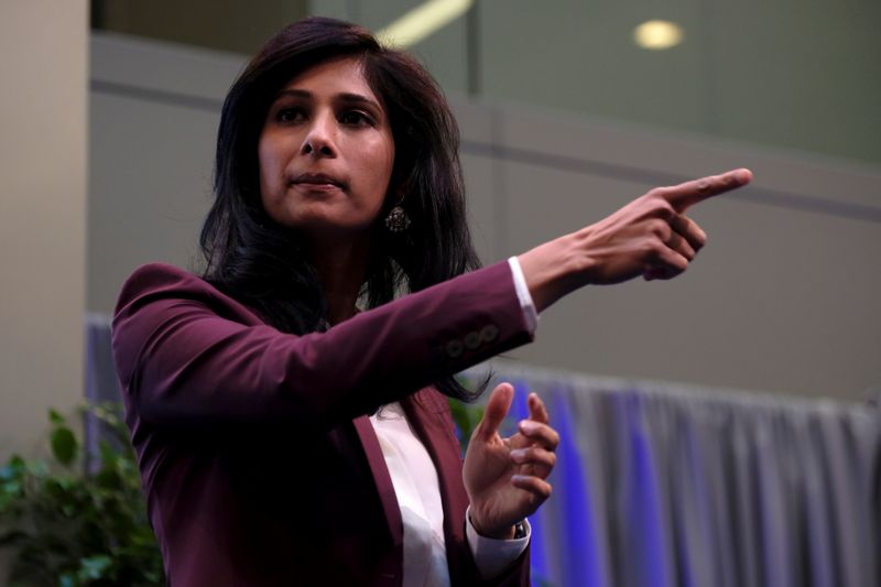 © Reuters. International Monetary Fund Chief Economist Gita Gopinath takes questions at the annual meetings of the IMF and World Bank in Washington