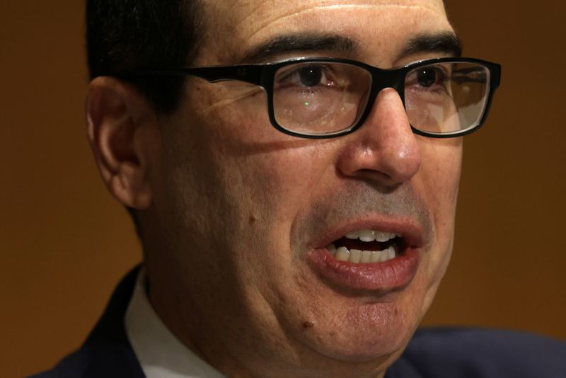 &copy; Reuters. FILE PHOTO: Treasury Secretary Steven Mnuchin testifies during a hearing in Washington