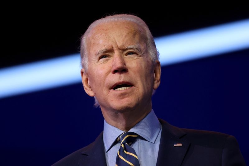 © Reuters. FILE PHOTO: U.S. President-elect Biden delivers remarks at his transition headquarters in Wilmington, Delaware