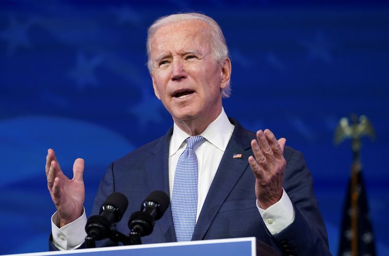 &copy; Reuters. U.S. president-elect Joe Biden speaks in Wilmington, Delaware