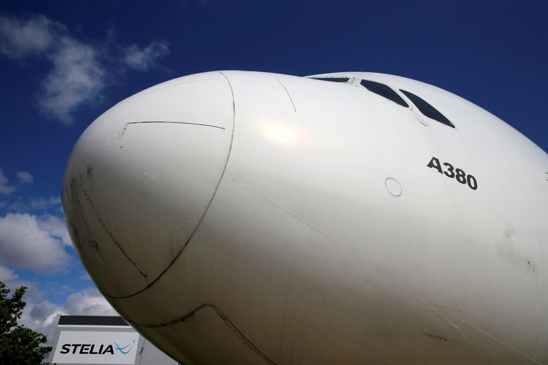 © Reuters. FILE PHOTO: The nose of an Airbus A380 is seen outside the factory of Stelia Aerospace in Meaulte