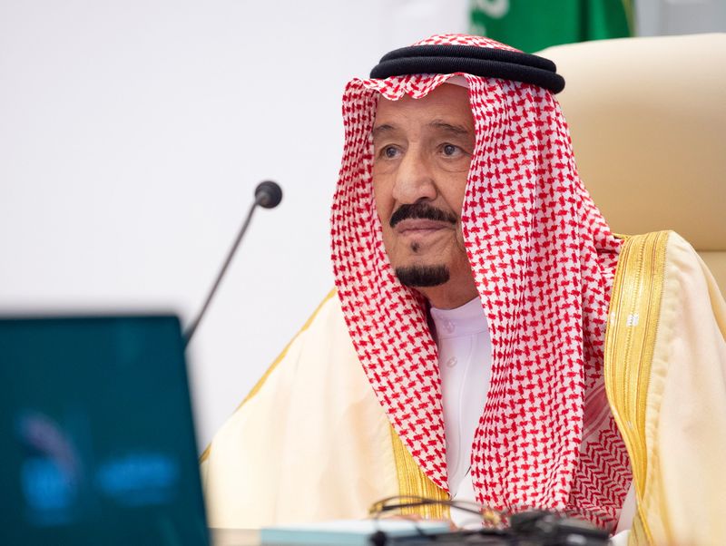 &copy; Reuters. FILE PHOTO: Saudi King Salman bin Abdulaziz gives virtual speech during the 15th annual G20 Leaders&apos; Summit in Riyadh, Saudi Arabia