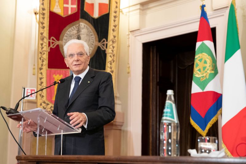 &copy; Reuters. Italian President Sergio Mattarella speaks during a ceremony on the tenth anniversary of the death of former Italian President Francesco Cossiga, at the University of Sassari