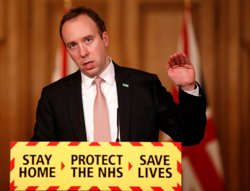 © Reuters. Britain's Health Secretary Matt Hancock, speaks at a coronavirus disease (COVID-19) related news conference inside 10 Downing Street in London