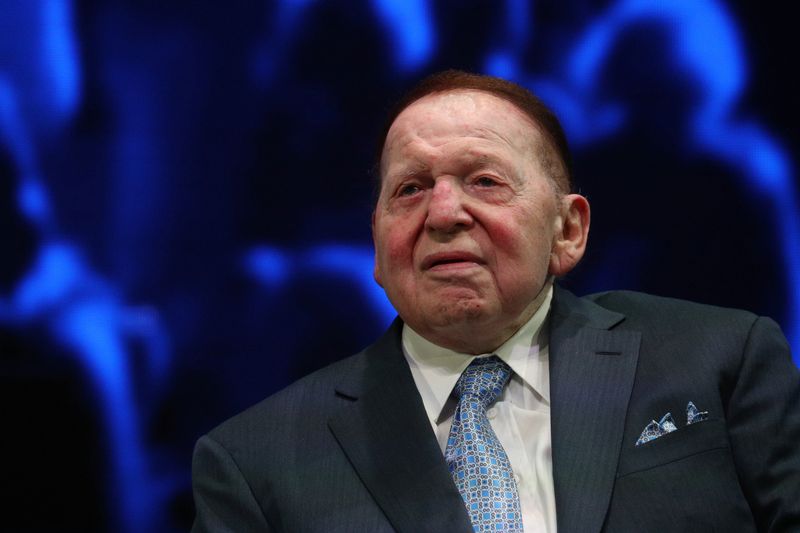 &copy; Reuters. Sheldon Adelson sits onstage before a speech by U.S. President Trump at the Israeli American Council National Summit in Hollywood, Florida