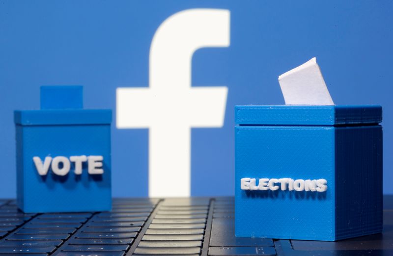 &copy; Reuters. FILE PHOTO: FILE PHOTO: 3D printed ballot boxes are seen in front of a displayed Facebook logo