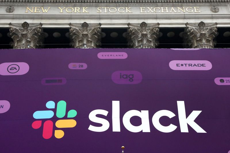 &copy; Reuters. FILE PHOTO: The Slack Technologies Inc. logo is seen on a banner outside the New York Stock Exchange (NYSE) during thew company&apos;s IPO in New York