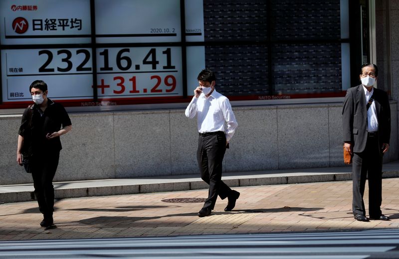 &copy; Reuters. FILE PHOTO: People stand in front of a screen showing Nikkei index outside a brokerage in Tokyo