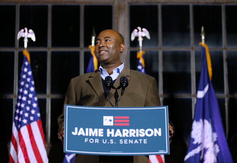 &copy; Reuters. Democratic U.S. Senate candidate Jaime Harrison speaks at a watch party during Election Day in Columbia, South Carolina