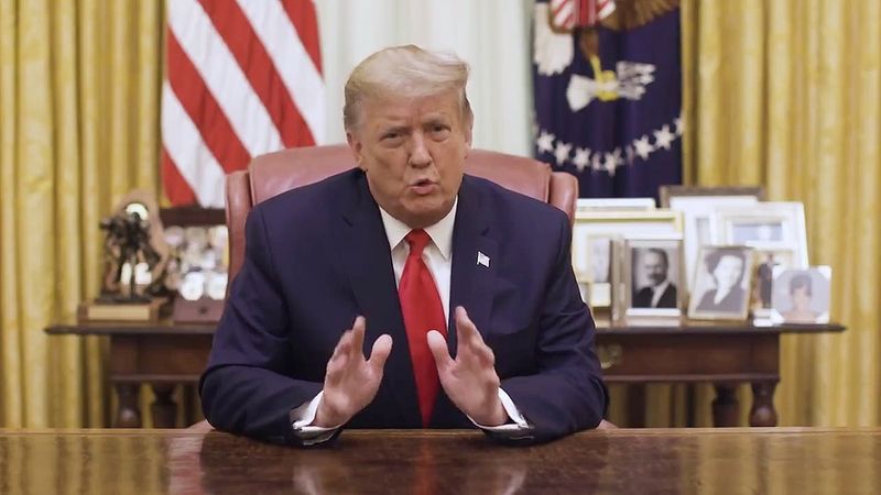 &copy; Reuters. FILE PHOTO: U.S. President Donald Trump speaks in a video message released via Twitter in Washington