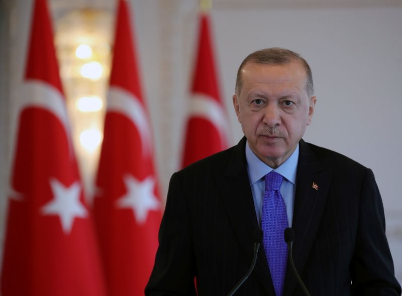&copy; Reuters. Turkish President Erdogan attends a satellite technologies event through live videolink in Istanbul