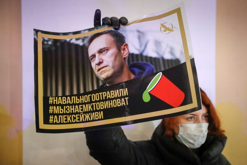 © Reuters. FILE PHOTO: An activist holds a portrait of opposition politician Alexei Navalny during a picket in his support in Saint Petersburg