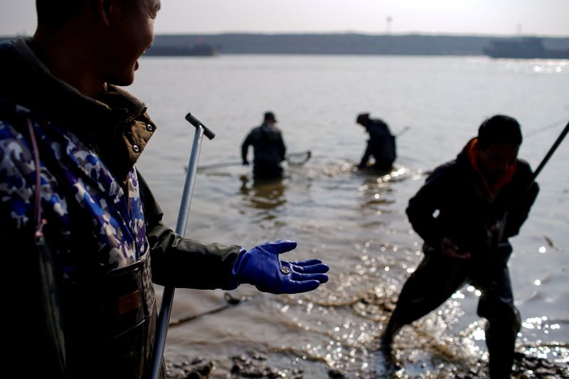 &copy; Reuters. FILE PHOTO: A fisherman holds a copper coin found in debris by a dwindling river that feeds the Poyang lake, China