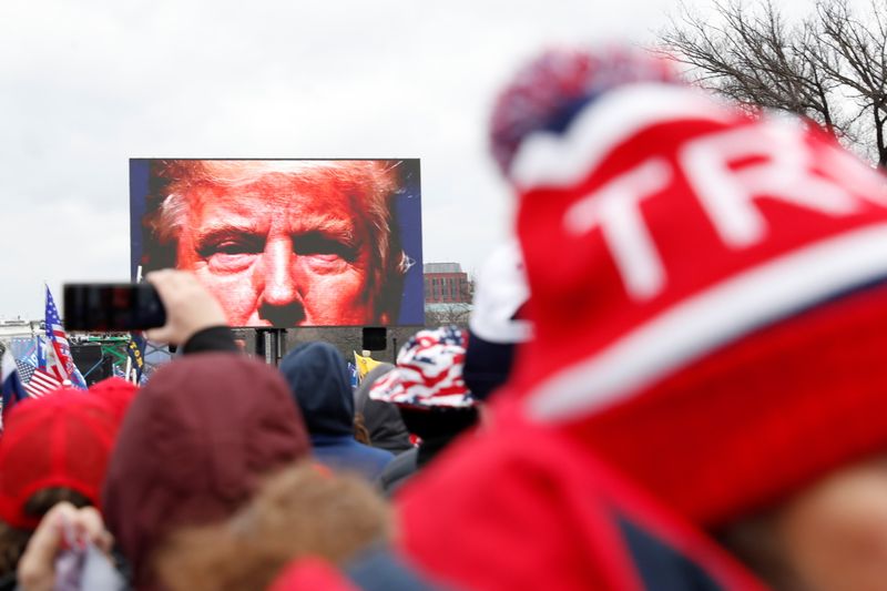 © Reuters. U.S. President Donald Trump is seen on a screen speaking to supporters during a rally to contest the certification of the 2020 U.S. presidential election results by the U.S. Congress, in Washington