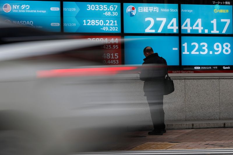 © Reuters.  FILE PHOTO: the screen shows the Nikkei stock average and stock indices outside a broker in Tokyo