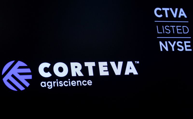 © Reuters. FILE PHOTO: The logo and trading info for Corteva Agriscience, a former division of DowDuPont, is displayed on a screen at the NYSE in New York