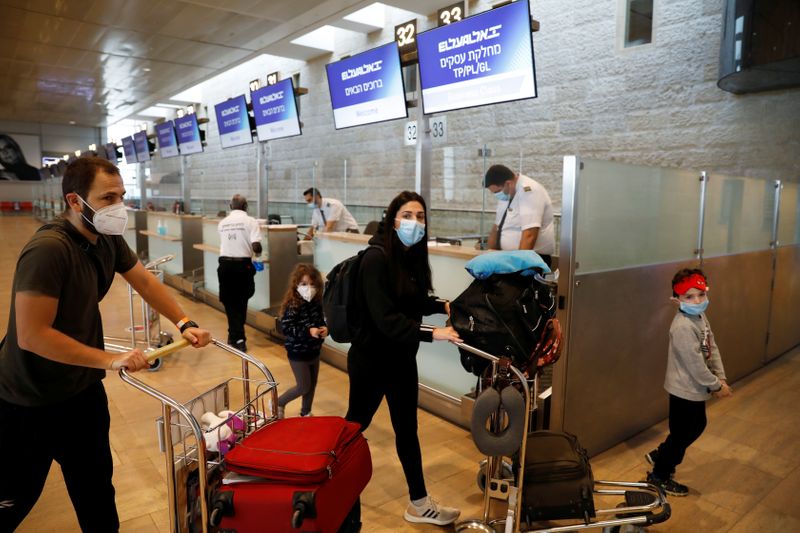 &copy; Reuters. Passengers wearing masks push trolleys at the departures terminal at Ben Gurion International Airport, in Lod, near Tel Aviv, Israel