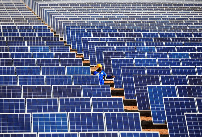 &copy; Reuters. FILE PHOTO: A worker walks between solar panels at Centragrid power plant in Nyabira