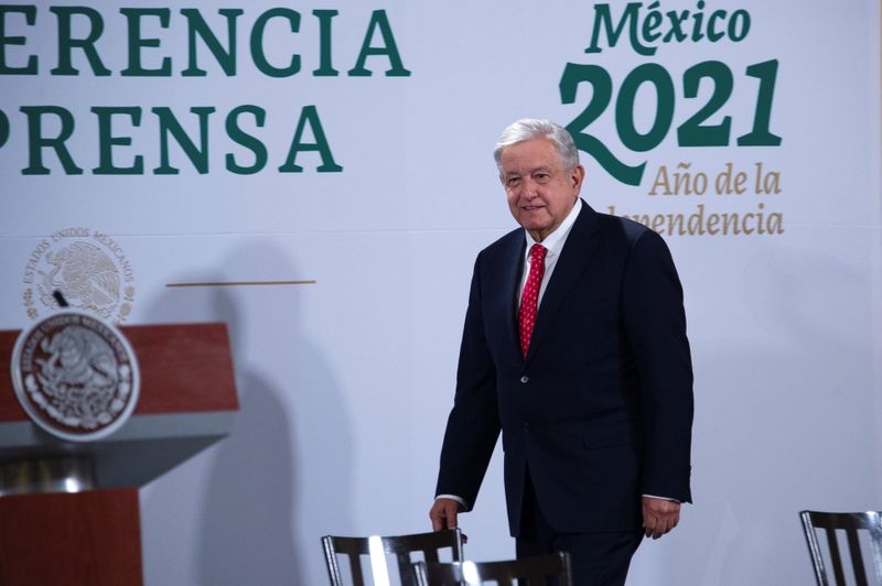 © Reuters. FILE PHOTO: Mexico's President Andres Manuel Lopez Obrador attends a news conference where he announced that he sent his well wishes to President-elect Joe Biden ahead of Biden's inauguration later in the day, at the National Palace in Mexico City