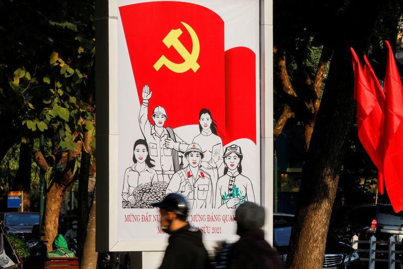 &copy; Reuters. FILE PHOTO: A poster for the13th national congress of the Communist Party of Vietnam is displayed on a street in Hanoi