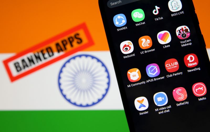 &copy; Reuters. Smartphone with Chinese applications is seen in front of a displayed Indian flag and a &quot;Banned app&quot; sign
