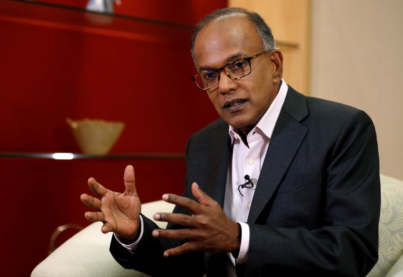 &copy; Reuters. FILE PHOTO: Singapore&apos;s Law Minister K. Shanmugam speaks to Reuters in Singapore