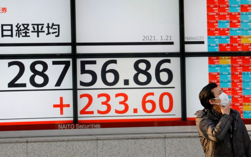© Reuters. FILE PHOTO: A man wearing a protective mask, amid the coronavirus disease (COVID-19) outbreak, stands in front of an electric board showing Nikkei index outside a brokerage in Tokyo